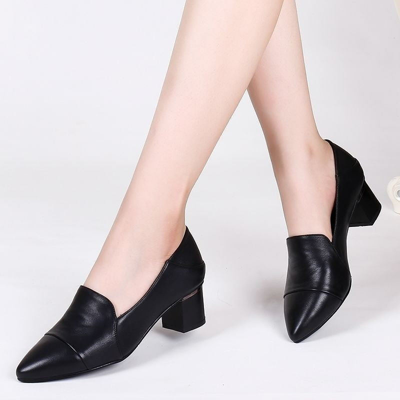 Chaussures en cuir à talon épais et bout pointu en cuir souple
