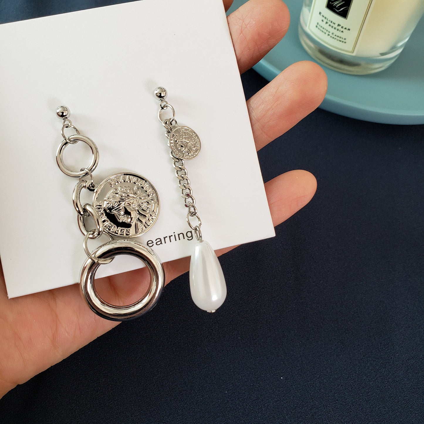 Japanese And Korean Style Vintage Ring Portrait Pearl Mixed Asymmetric Earrings