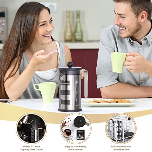 Cafetera De Prensa Francesa 4 Tazas, Cafetera Con Carcasa De Acero Inoxidable - Resistente Al Calor - Prensa De Café Con Filtro De Acero Inoxidable Para Amantes Del Café, Plata, 350 Ml Y 600 Ml