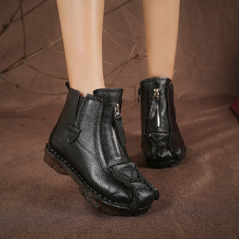 Zapatos acolchados de algodón de cuero genuino con forro polar cálido retro a la moda para mujer