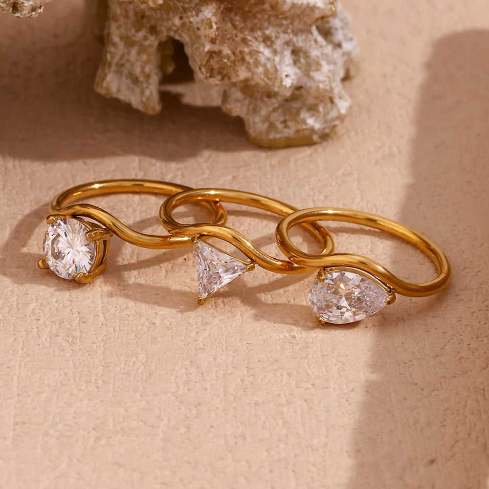 Affordable Luxury Fashion Waveform Ring Shank Gold Zircon Ring Stainless Steel Plated 18K