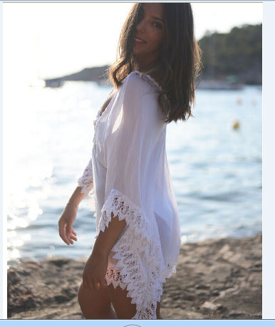 Chemisier blanc en dentelle de bikini de plage de couleur unie à la mode