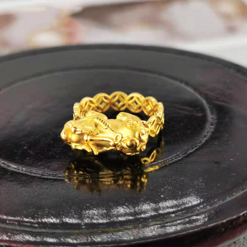 Brass Gold Plated Money Drawing And Luck Changing Coin Pixiu Ring
