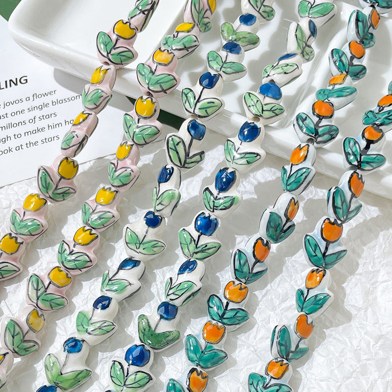 Porcelaine peinte à la main imprimé tulipe perles en céramique perforées bijoux à bricoler soi-même accessoires matériaux