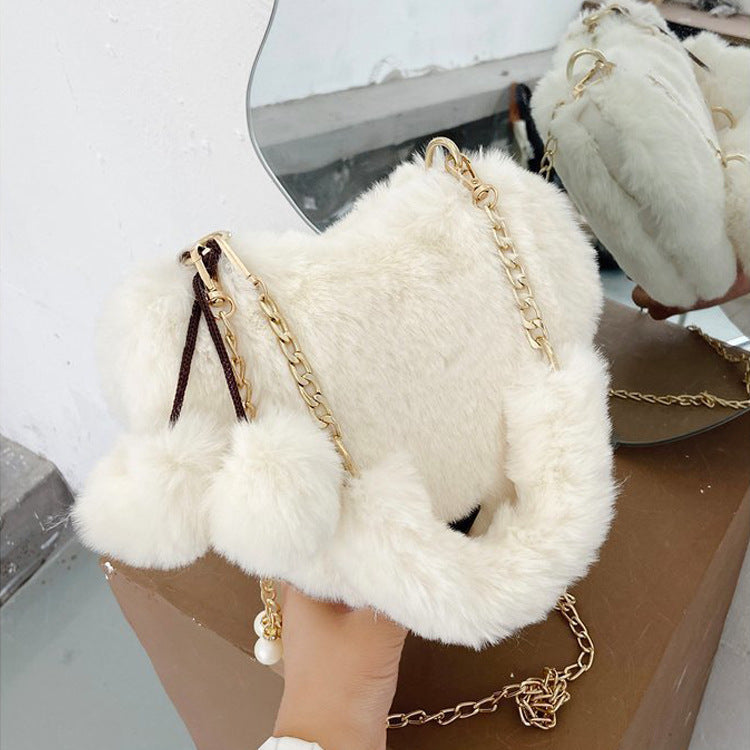 Women's Fashion Love Imitation Rex Rabbit Plush One-shoulder Crossbody Bag