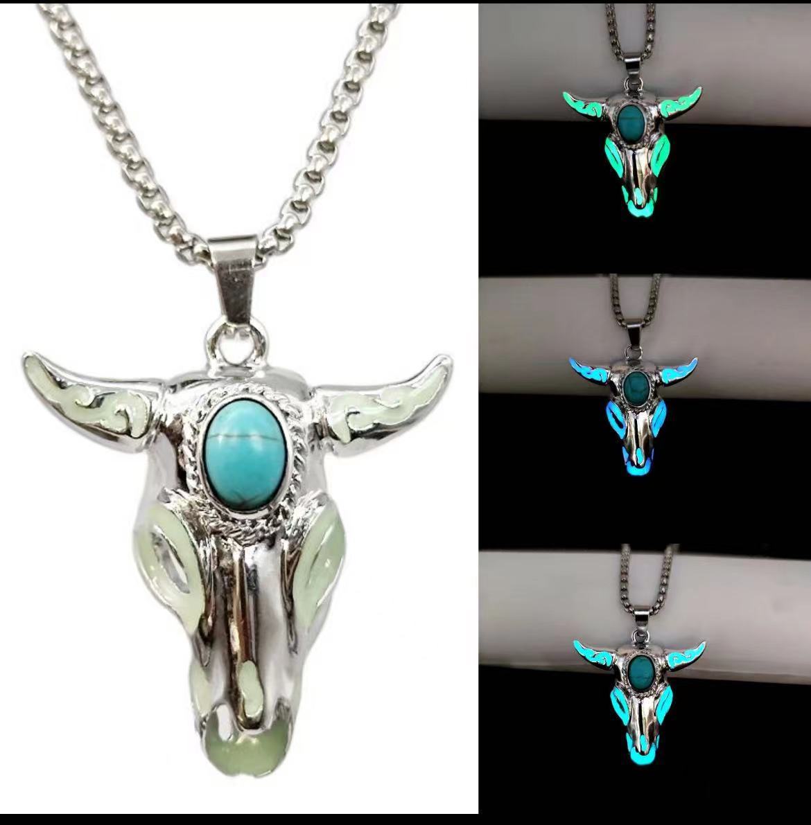 Collier pendentif en acier inoxydable, tête de taureau Turquoise, mode Punk