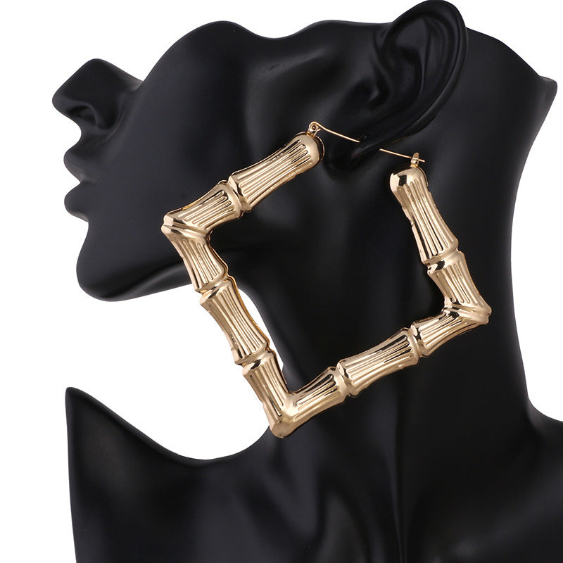 Boucles d'oreilles en bambou doré, grandes formes carrées exagérées, de forme européenne et américaine