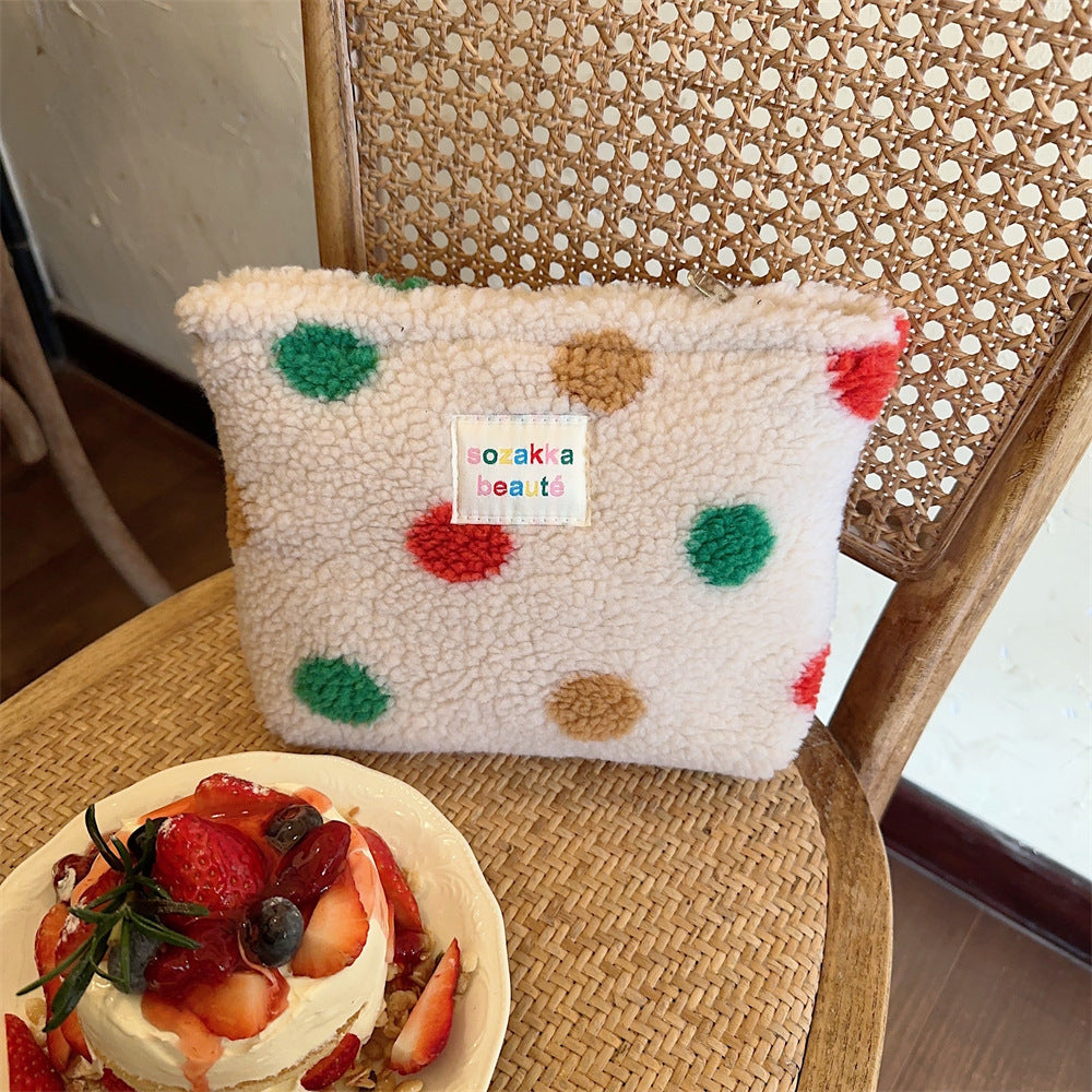 Sac de rangement de cosmétiques de soins de la peau de voyage de grande capacité à pois de couleur peluche d'hiver