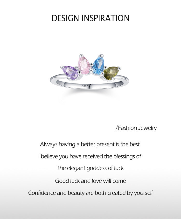 Women's S925 Sterling Silver Drop-shaped Color Zircon Ring