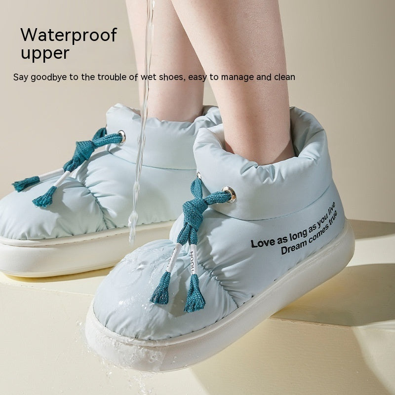 Chaussures d'hiver en coton avec cordon de serrage, bottes de neige épaisses et imperméables en peluche pour femme, confortables, semelle souple, bottines chaudes