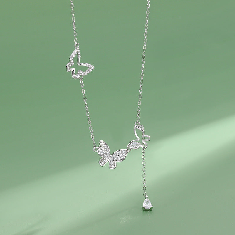 S925 Sterling Silver Diamond Tassel Butterfly Necklace