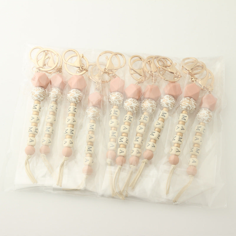 Letter Wood Wafer Silicone Bag Pendant Leopard Chain Keychain