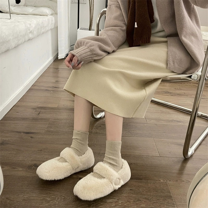 Mary Jane Fluffy Shoes Ropa de abrigo de invierno para mujer Pisos