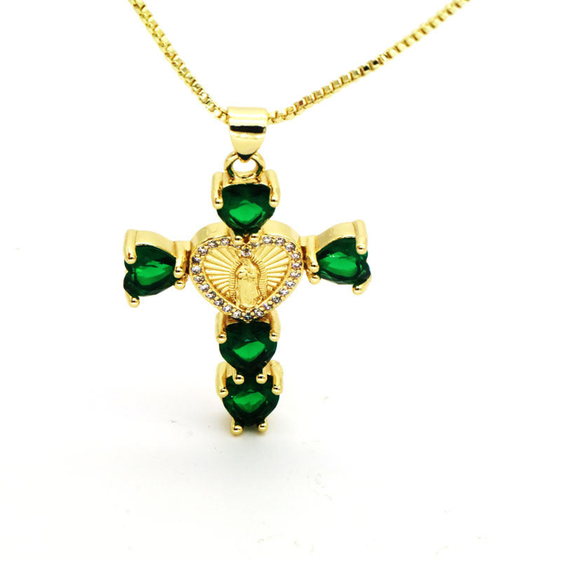 Hip-hop Fashion Inlaid Color Diamond Cross Love Virgin Mary Pendant Necklace For Women