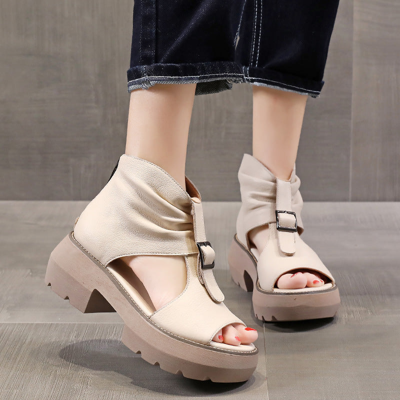 Sandales d'été à talons épais et bout ouvert de Style romain, sandales montantes augmentant la hauteur