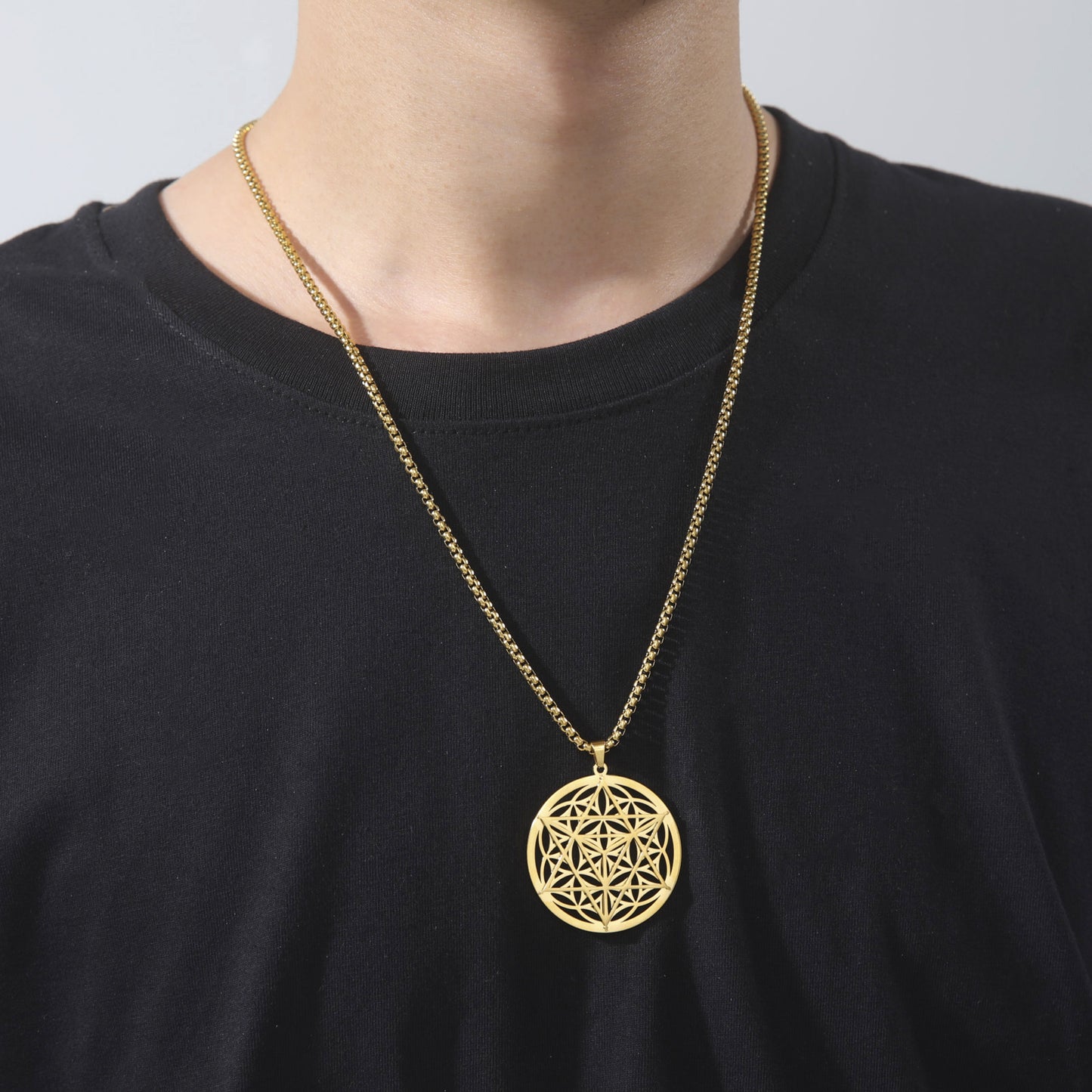Bague creuse coupée en plaqué or véritable, pendentif Merkaba, matériau 304, collier en acier inoxydable