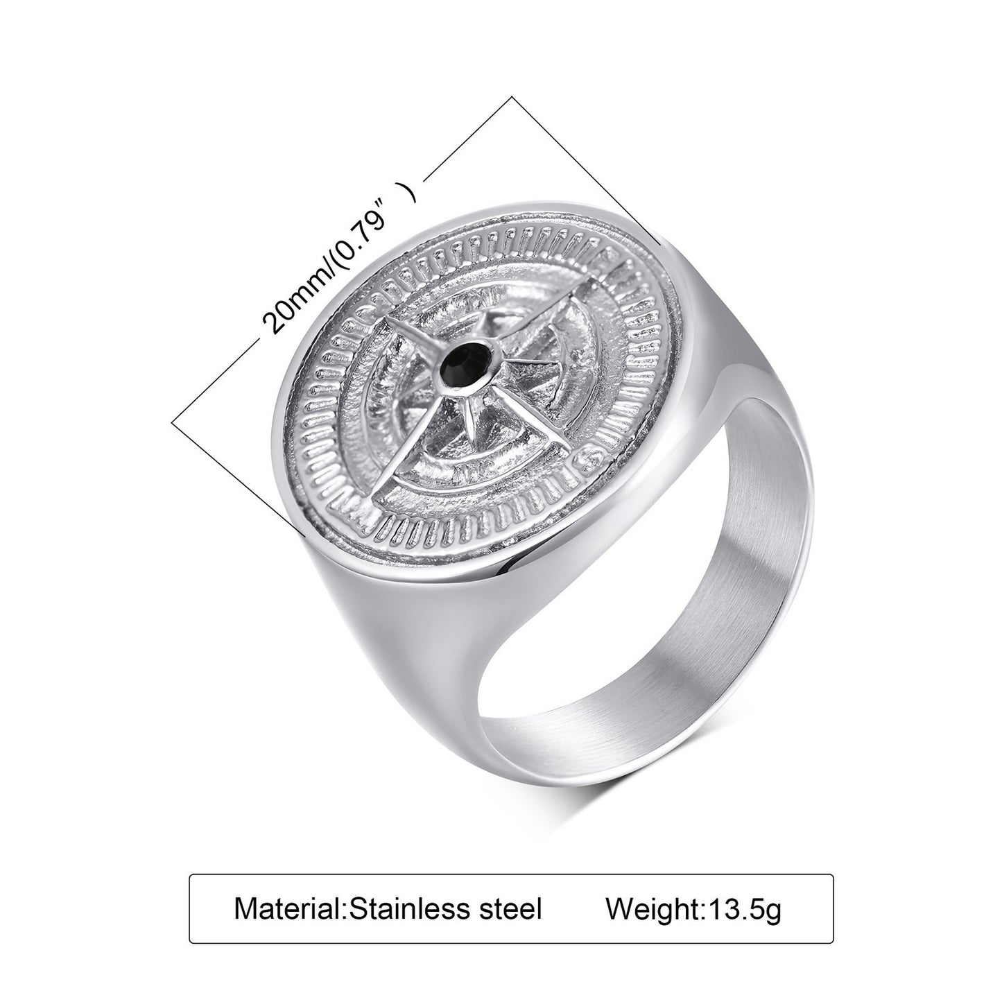 Anillo de fundición de brújula redonda elegante de acero inoxidable negro para hombres