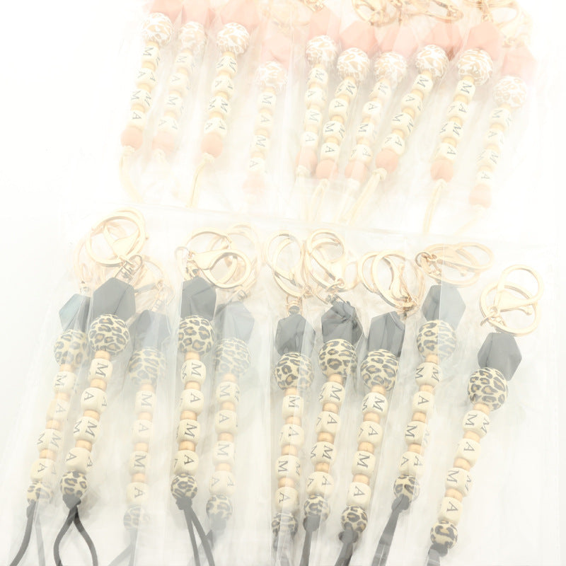 Letter Wood Wafer Silicone Bag Pendant Leopard Chain Keychain