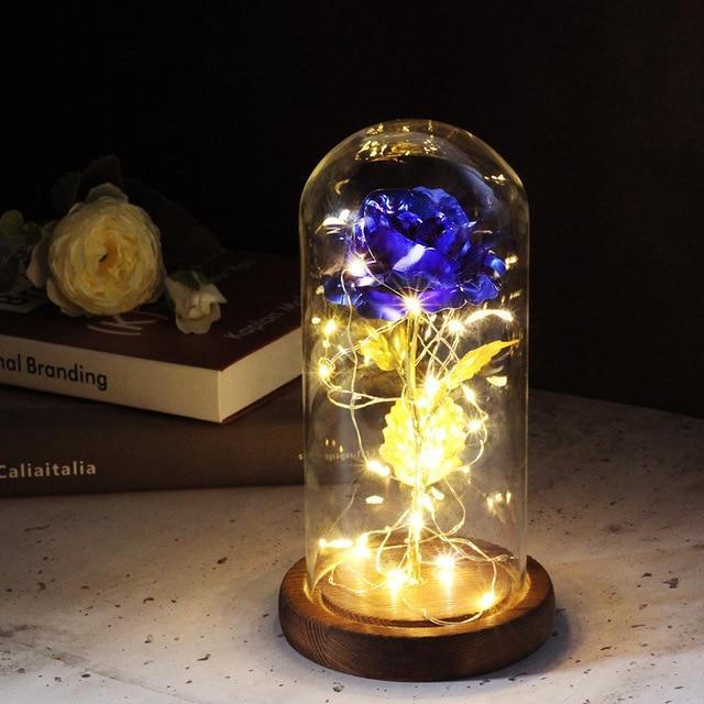 Fleur de rose éternelle enchantée dans une décoration de Noël lumineuse à LED en verre