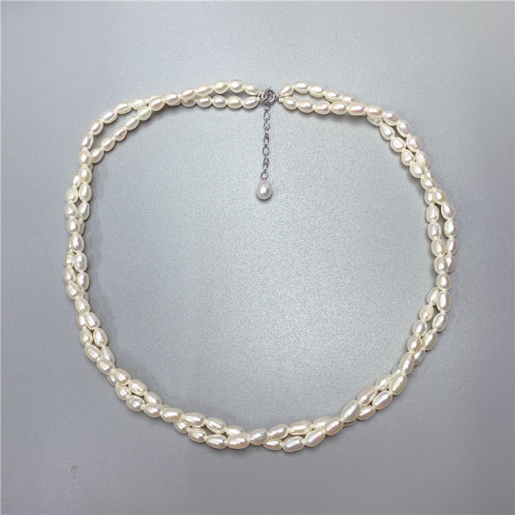 Fashionable Retro Freshwater Pearl Double-layer Rice Bead Necklace