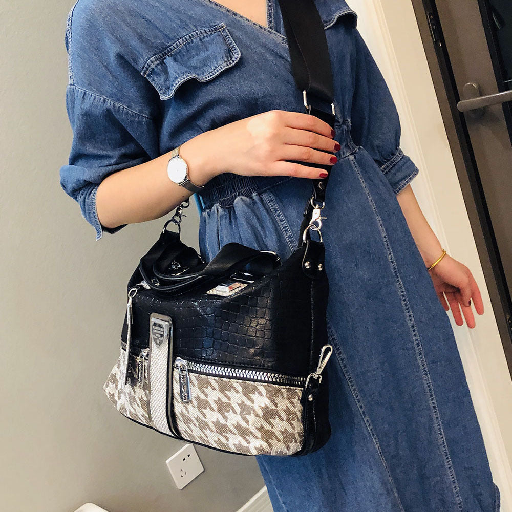 Sac à bandoulière de grande capacité de couleur contrastée pied-de-poule pour femme
