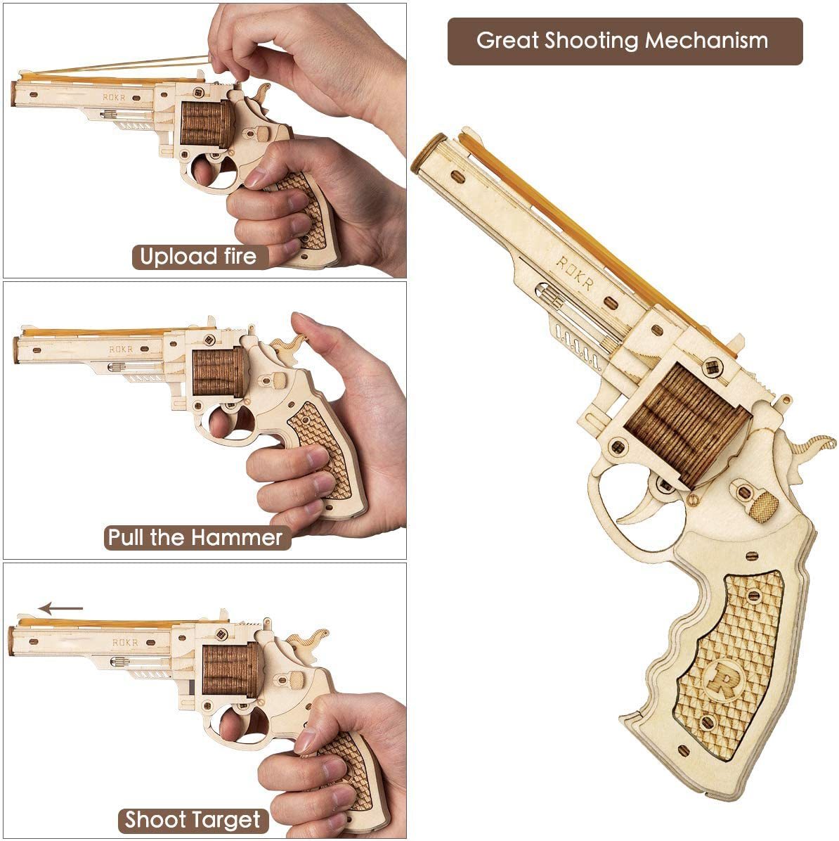 ROKR Puzzle en bois pistolet jouets modèle bricolage 3D Kits de construction pour cadeaux