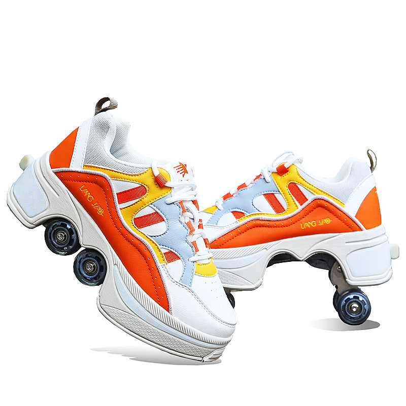 Nouveau Chaussures à poulie multicolores à quatre doubles roues pour hommes et femmes