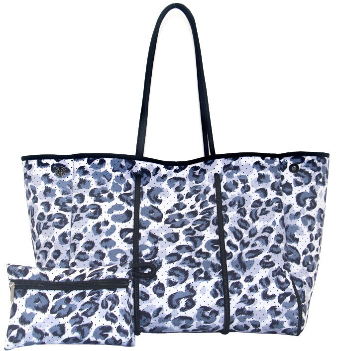 Bolso de playa portátil negro impreso con estampado de leopardo, viaje de ocio