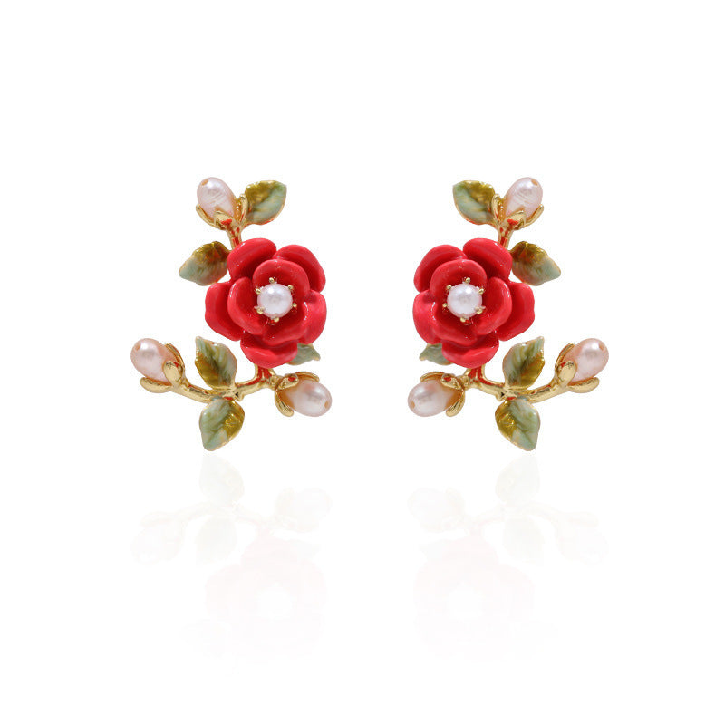 Boucles D'oreilles Corolle Rose Fleur Rouge Corail Perle Branches Et Feuilles Or