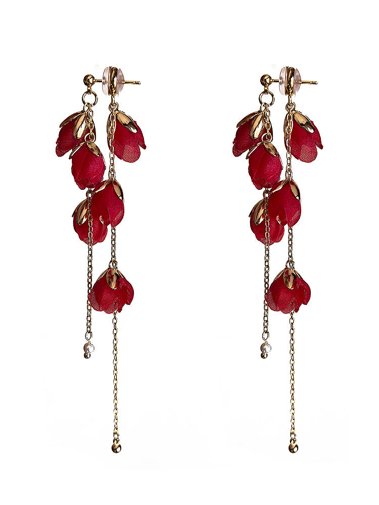 Pendientes de flecos largos de novia de color rojo brillante hechos a mano