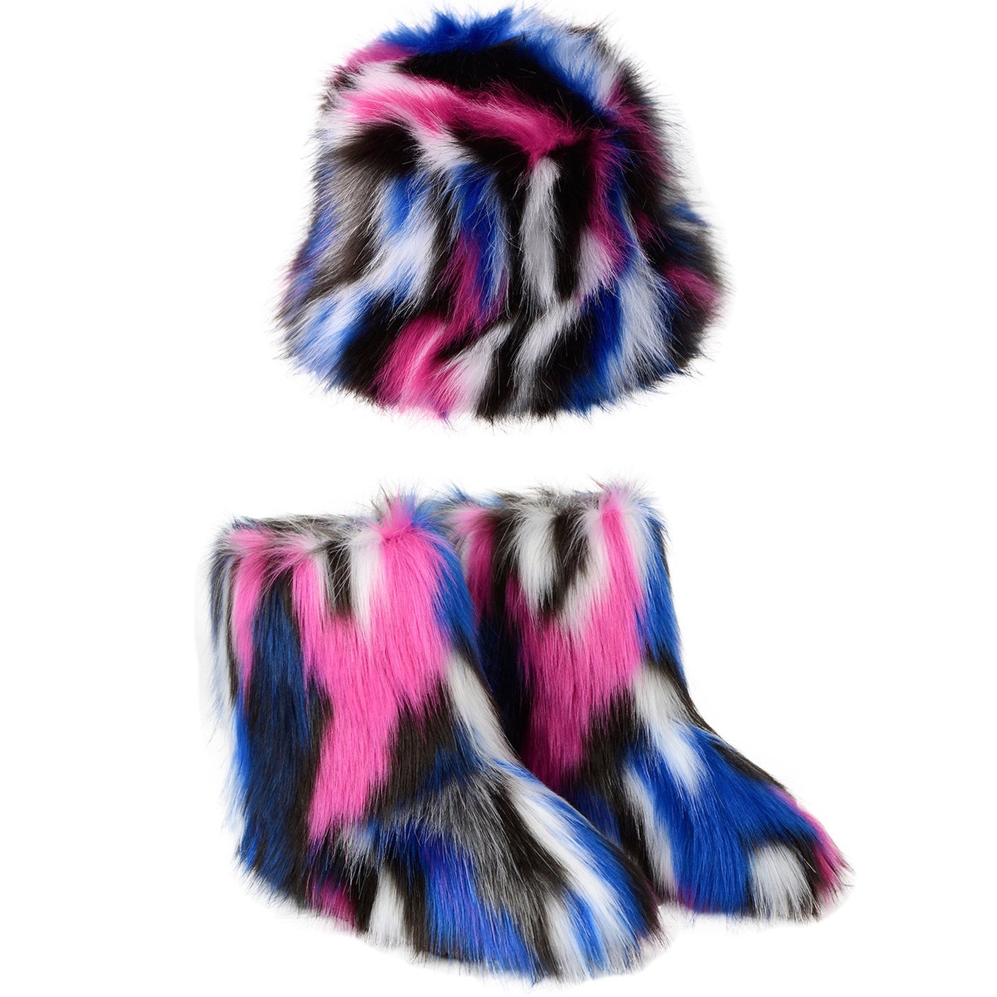 Bottes chaudes en peluche, chapeau seau en fourrure colorée