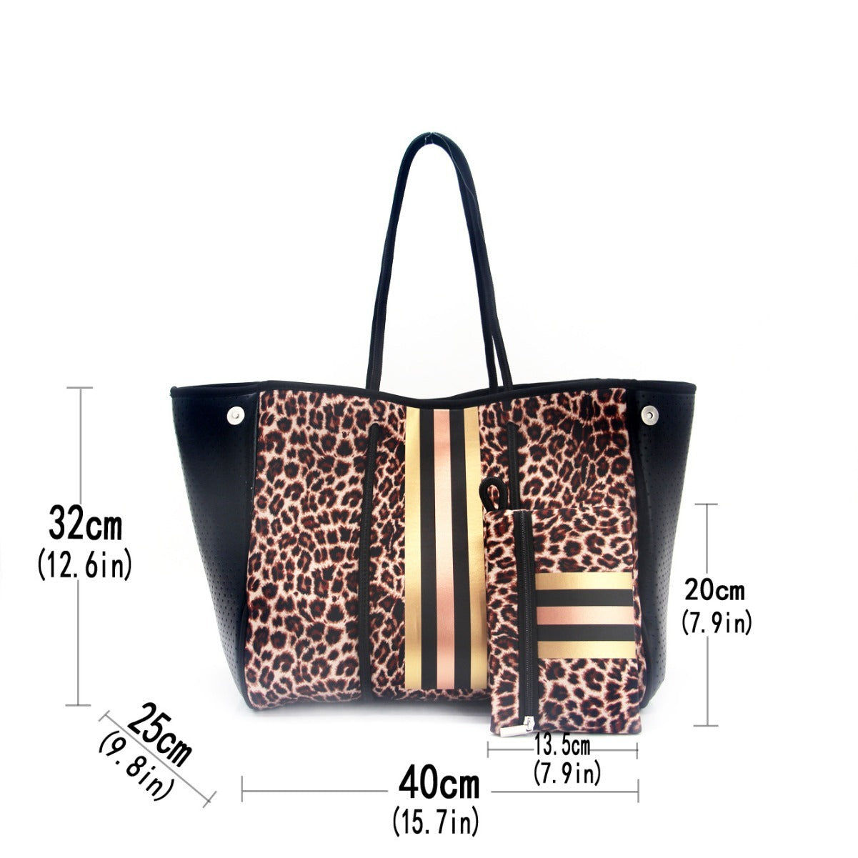 Bolso de playa portátil negro impreso con estampado de leopardo, viaje de ocio