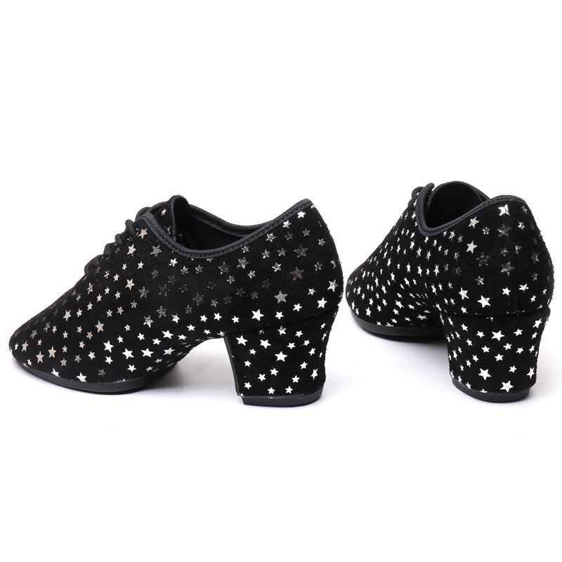 Dancing PA – chaussures de danse latine pour enseignante, en daim, en peau de vache, carrées, fond souple, ciel étoilé