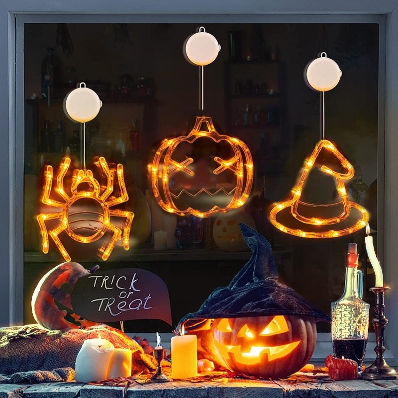 Lumières LED suspendues pour fenêtre d'halloween, araignée, citrouille, fantôme, horreur, lumières d'ambiance, lumières décoratives de fête de vacances, décoration de maison