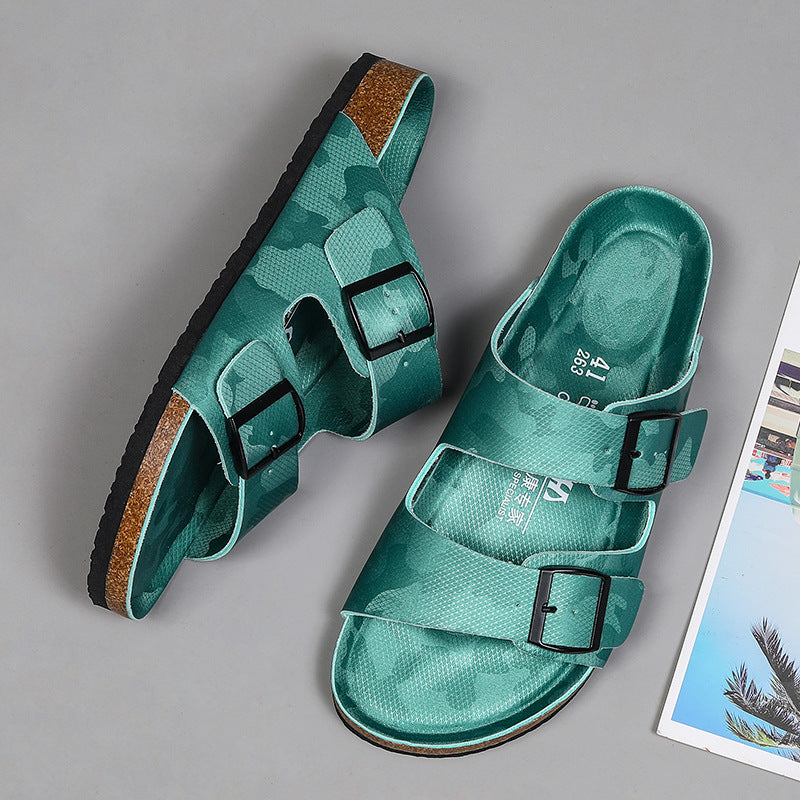 Pantoufles à plateforme en cuir givré pour hommes et femmes, pantoufles à Double boutonnage à deux mots