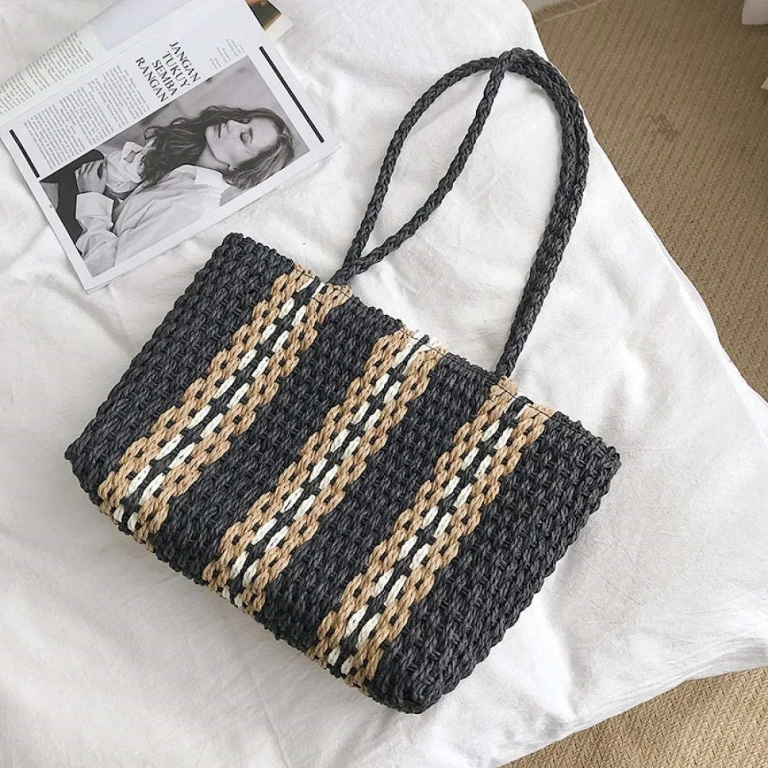 Bolso de mano de paja tejido con cremallera grande, bolso de compras informal de hombro grande para mujer