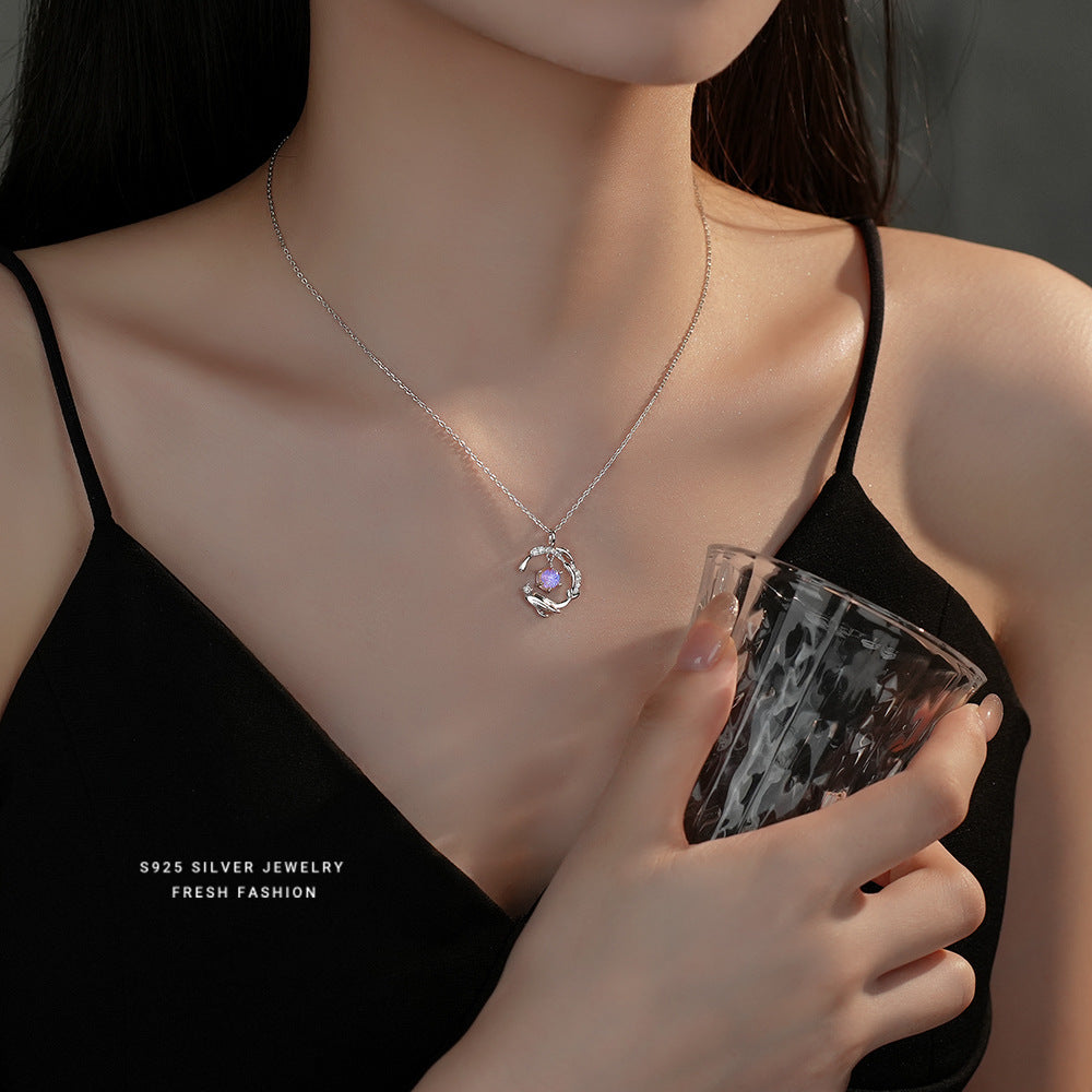 S925 Sterling Silver Glass Stone Like Whale Into The Sea 5 Necklace For Women