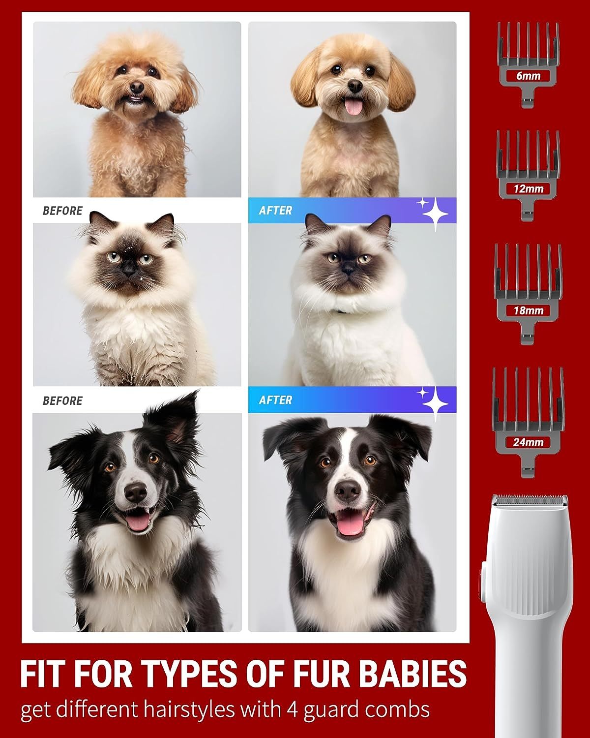 VacLife Aspirateur pour poils d'animaux avec tondeuse pour chien – Kit de toilettage polyvalent avec brosses et autres outils de toilettage pour chiens et chats – Faible bruit – Blanc et rouge