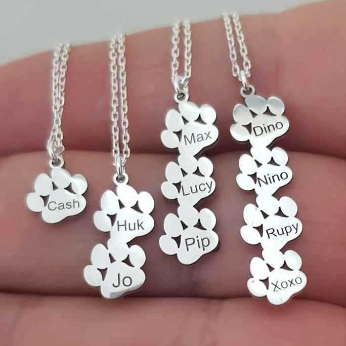 Collier avec lettres gravées en acier inoxydable, patte de chat et patte de chien