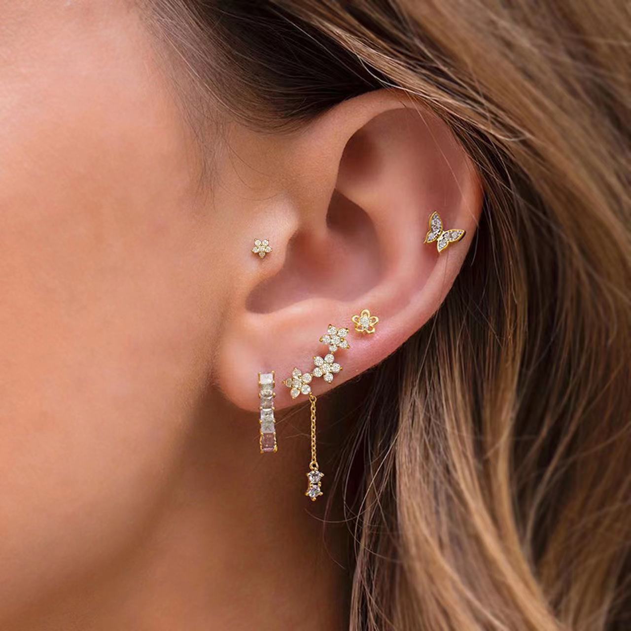 Boucles d'oreilles romantiques en forme d'étoile, de lune et de fleurs en Zircon