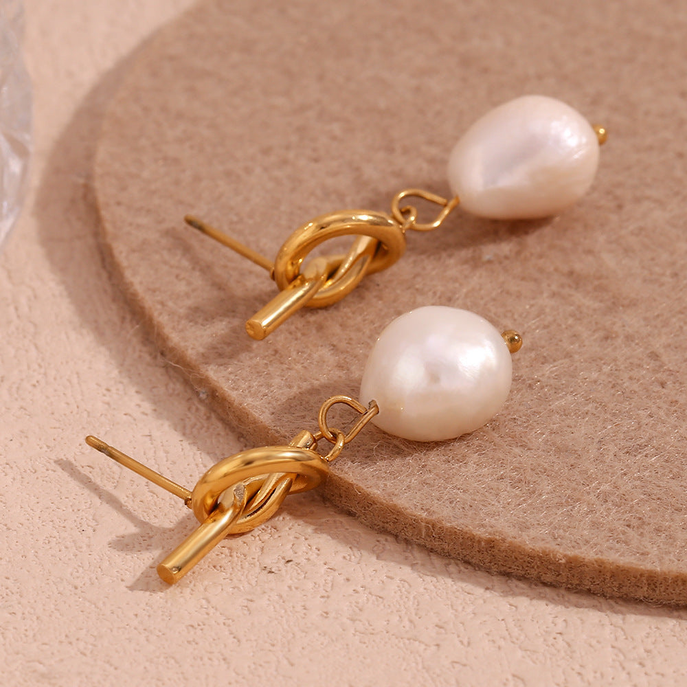 Fashion Stainless Steel 18K Gold Plating Knotted Button Freshwater Pearl Ear Studs