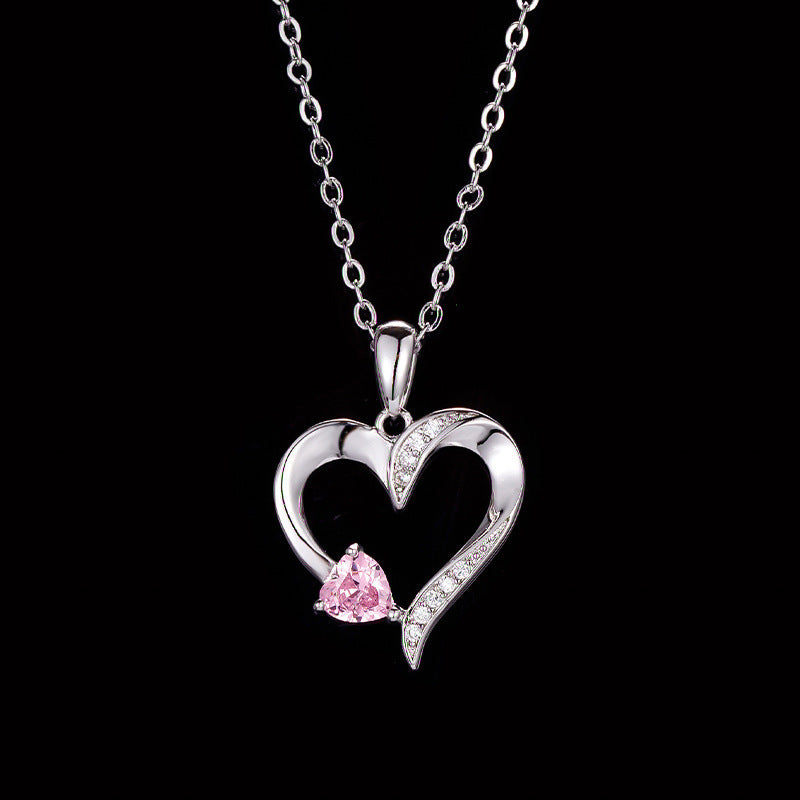 Collar de corazón de amor con piedras natales femeninas, cadena de clavícula de corazón de melocotón
