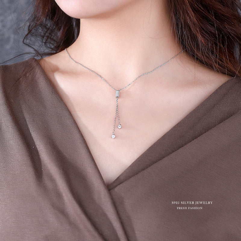 S925 Sterling Silver Diamond-studded Necklace Female Simple Sweater Chain