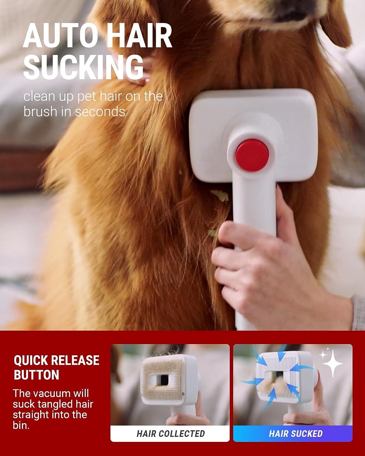 VacLife Aspirateur pour poils d'animaux avec tondeuse pour chien – Kit de toilettage polyvalent avec brosses et autres outils de toilettage pour chiens et chats – Faible bruit – Blanc et rouge