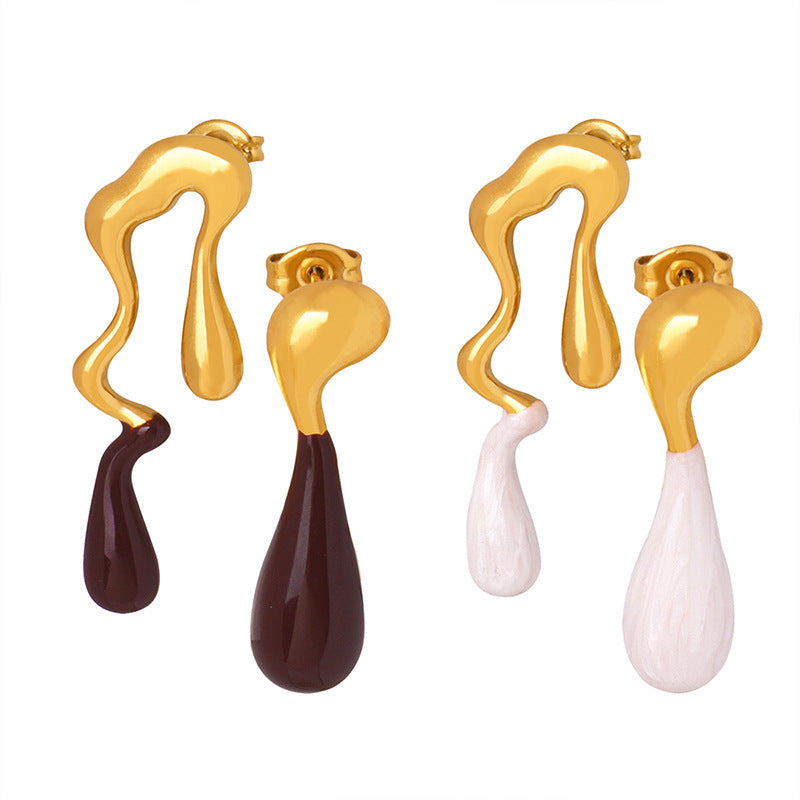 Boucles d'oreilles asymétriques en émail, gouttelettes d'eau en acier titane Antique européen et américain