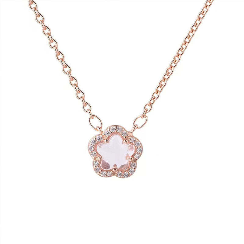 Female Pink Cherry Blossom Necklace Premium Sweater Chain Pendant Simple And Fresh