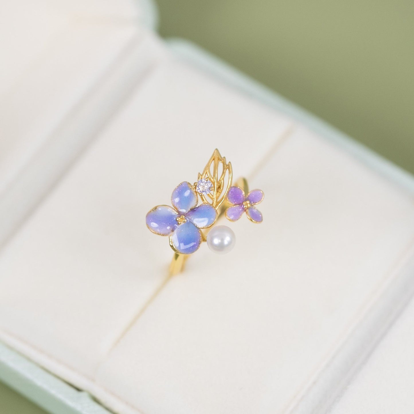 S925 Freshwater Pearl Enamel Hydrangea Ring