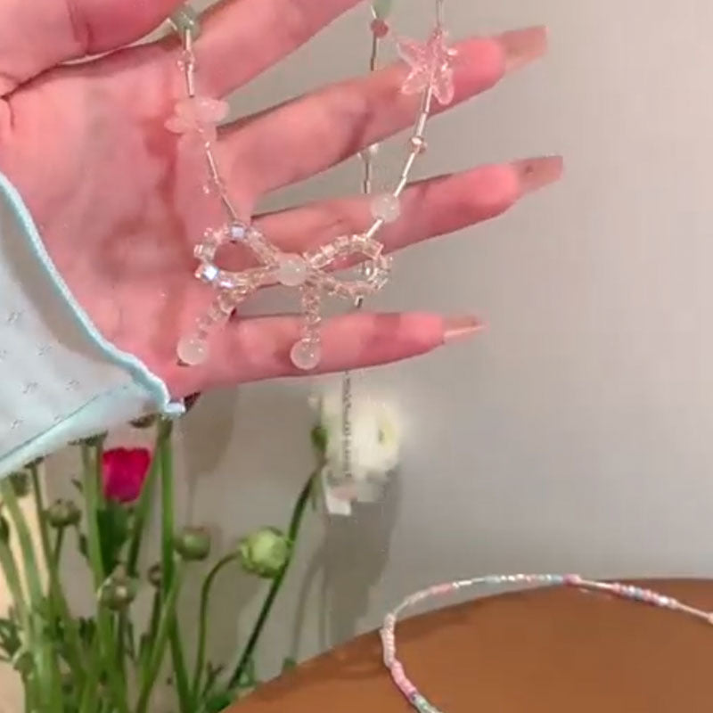 Color Bow Beaded Necklace Female Flower Short Pearl Necklace