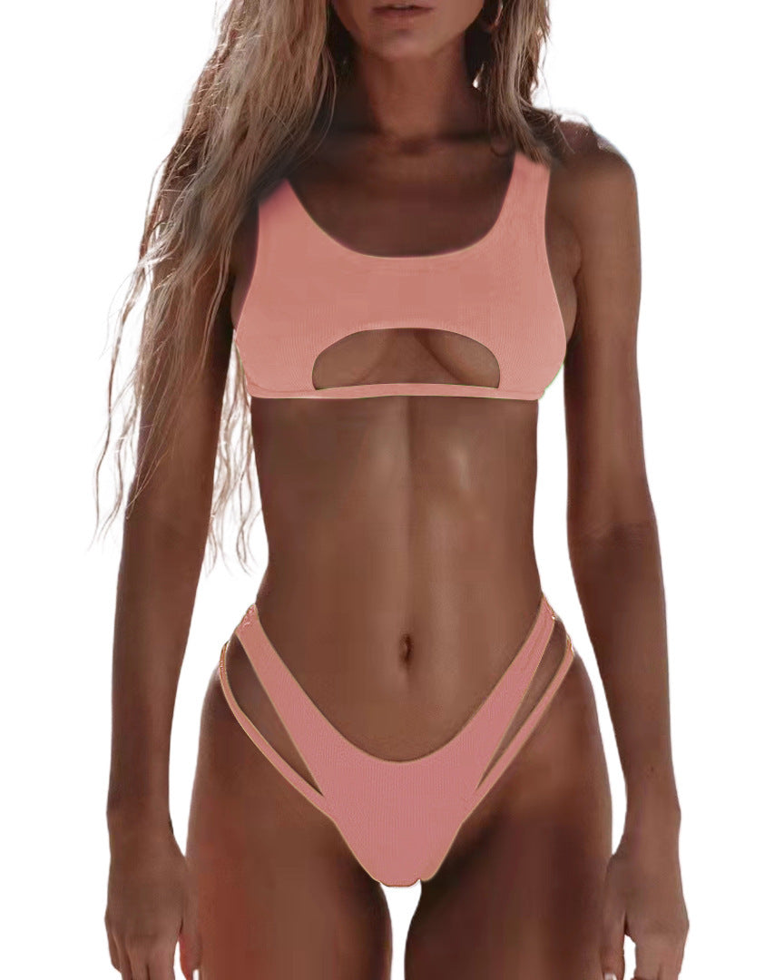 Bikini femme couleur unie maillot de bain fendu creux serpent tissu maillots de bain
