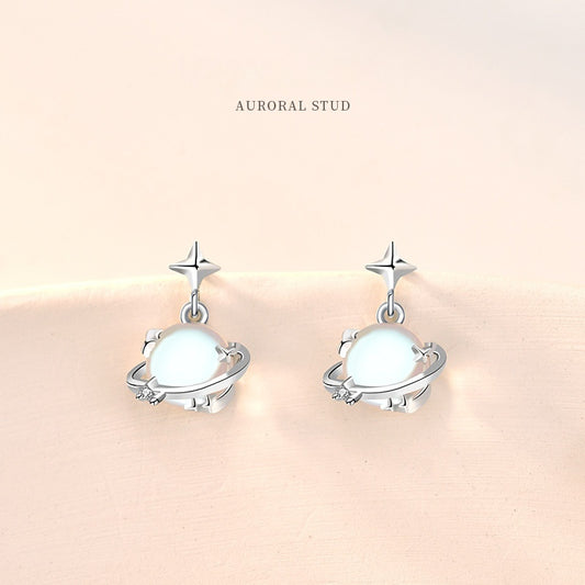 S925 Sterling Silver Moonstone Planet Female South Korea Simple Special Interest Earrings